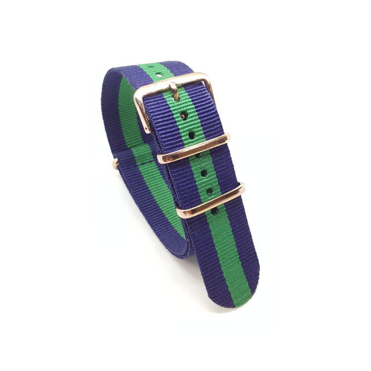 Striped Navy Blue & Green with Rose Gold - NATO Watch Strap